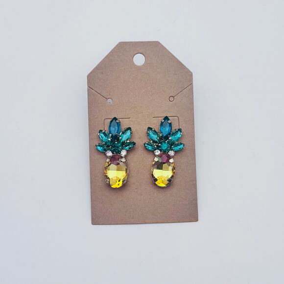 Holylove Pineapple Crystal Earrings Green and Yellow Studs - Picture 2 of 4